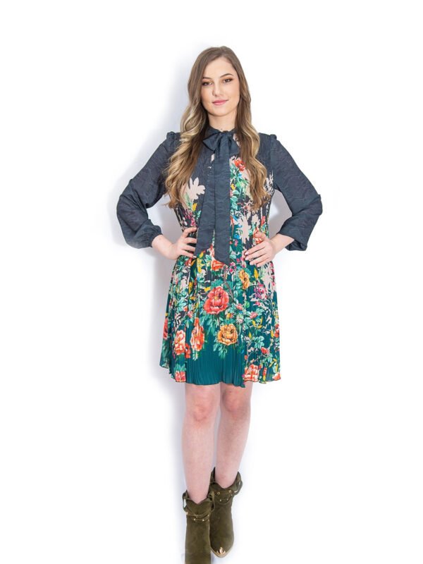 Rochie Midi Plisată Bej cu Imprimeu Floral