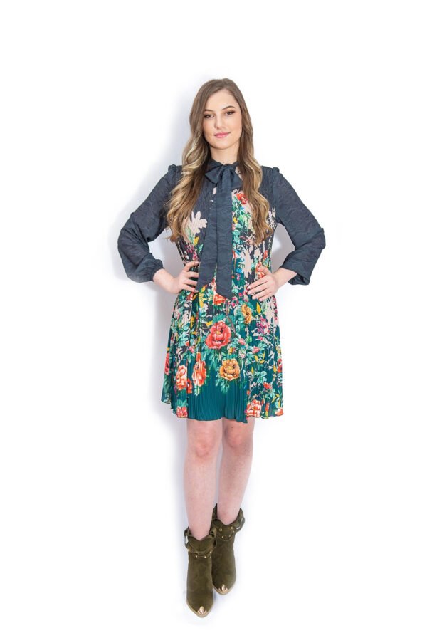 Rochie Midi Plisată Bej cu Imprimeu Floral