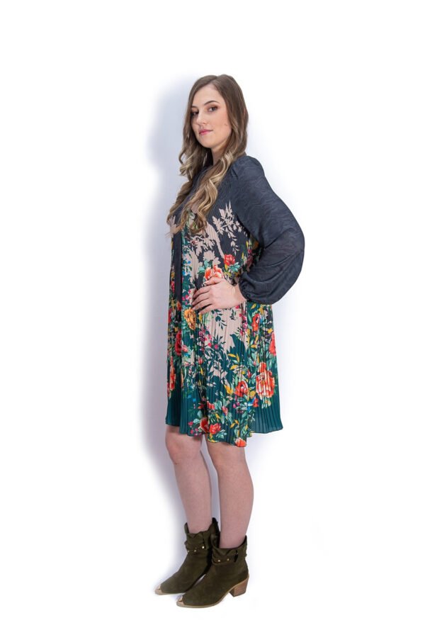 Rochie Midi Plisată Bej cu Imprimeu Floral