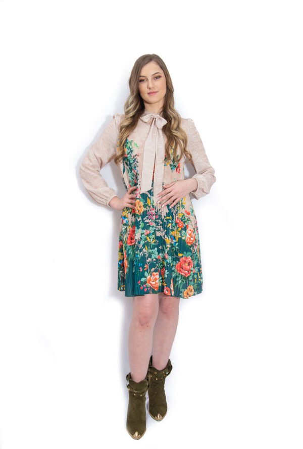 Rochie Midi Plisată Bej cu Imprimeu Floral