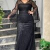 Rochie de Seară cu Mâneci Clopot și Paiete negru