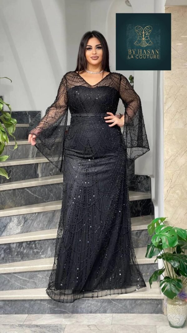 Rochie de Seară cu Mâneci Clopot și Paiete negru