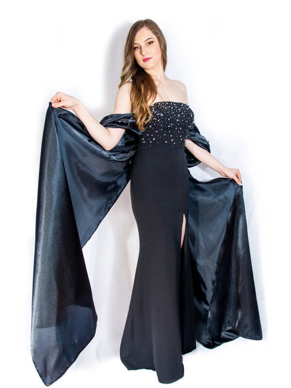 Rochie de Seară Neagra cu Fundă Dramatică