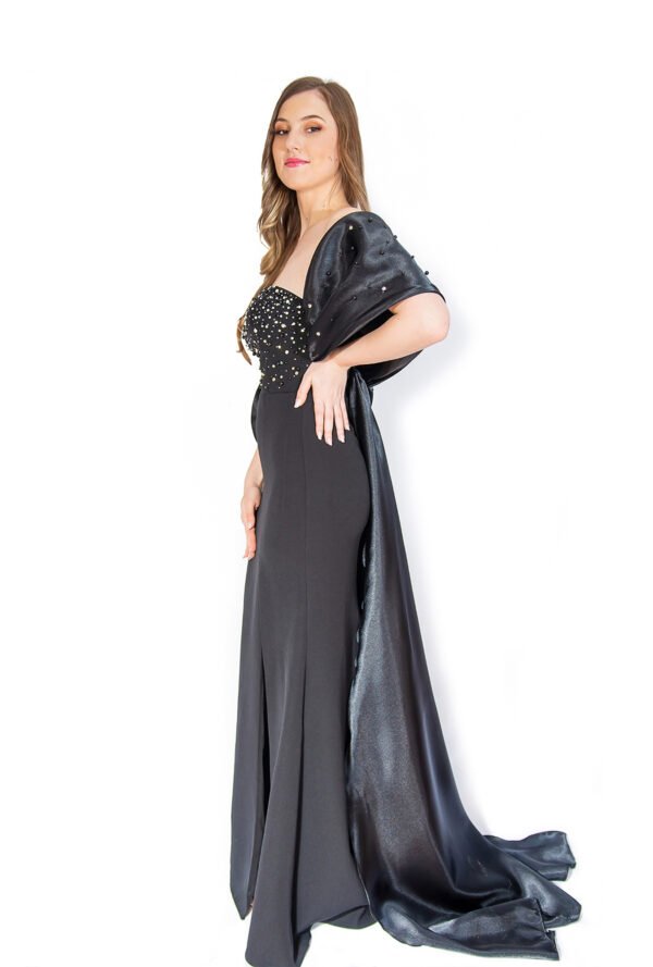 Rochie de Seară Neagra cu Fundă Dramatică