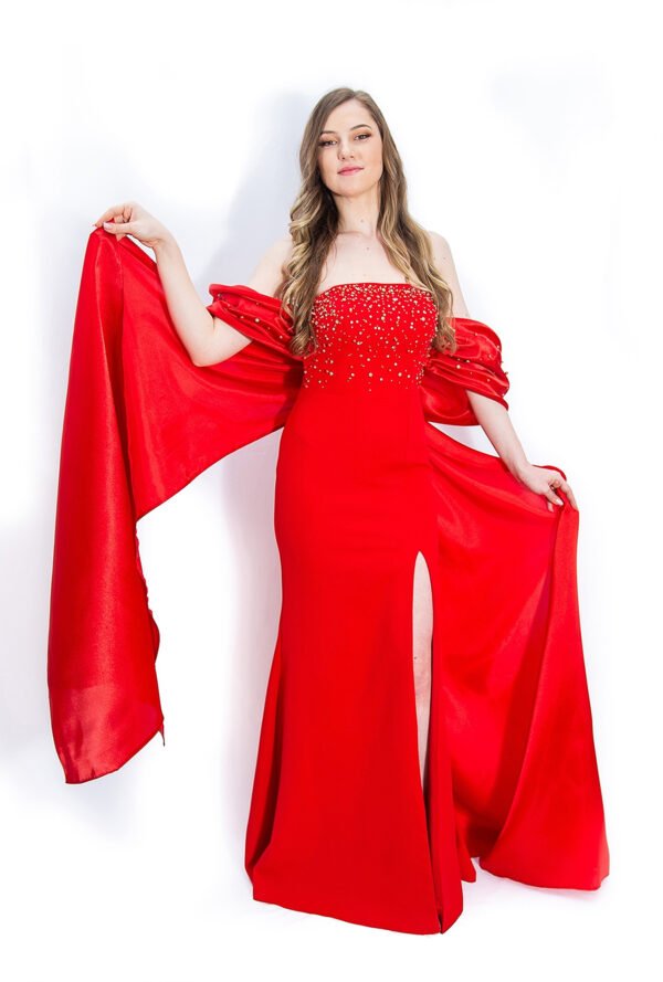 Rochie de Seară Roșie cu Fundă Dramatică