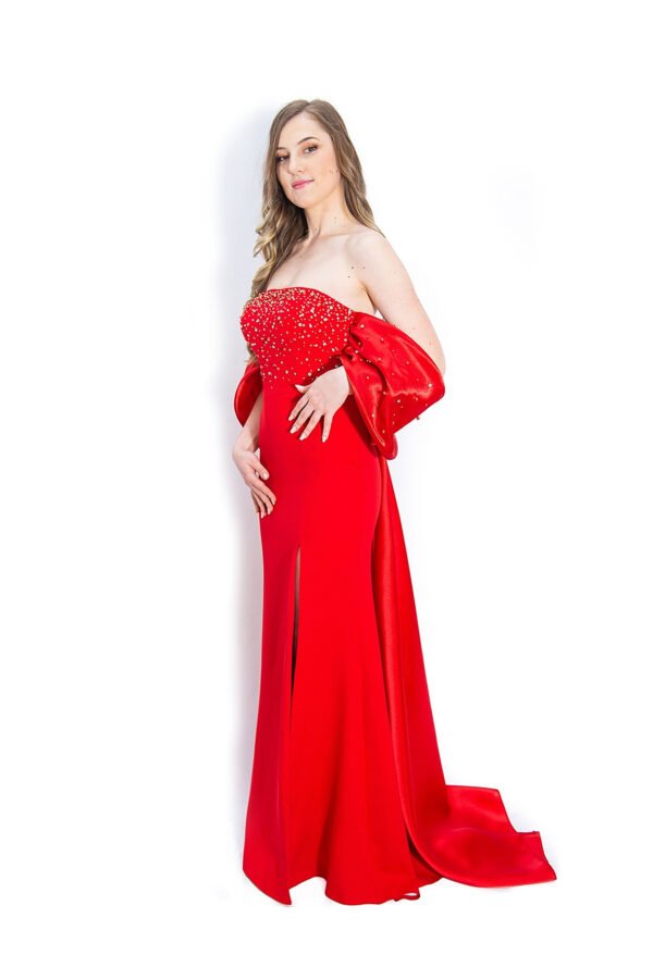 Rochie de Seară Roșie cu Fundă Dramatică