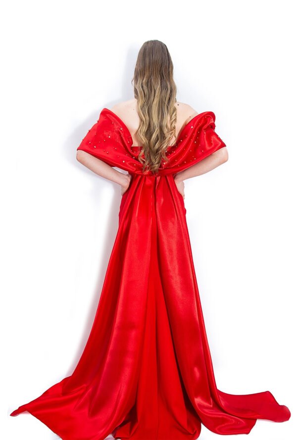 Rochie de Seară Roșie cu Fundă Dramatică