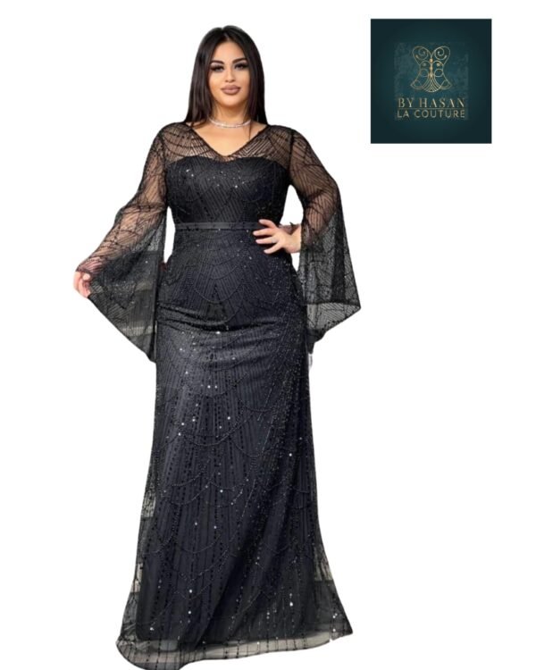 Rochie de Seară cu Mâneci Clopot și Paiete Negru