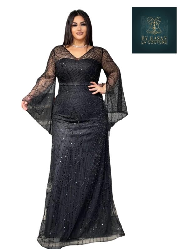 Rochie de Seară cu Mâneci Clopot și Paiete Negru