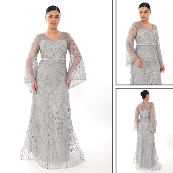 Rochie de Seară cu Mâneci Clopot argintiu