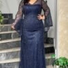 Rochie de Seară cu Mâneci Clopot și Paiete bleumarin