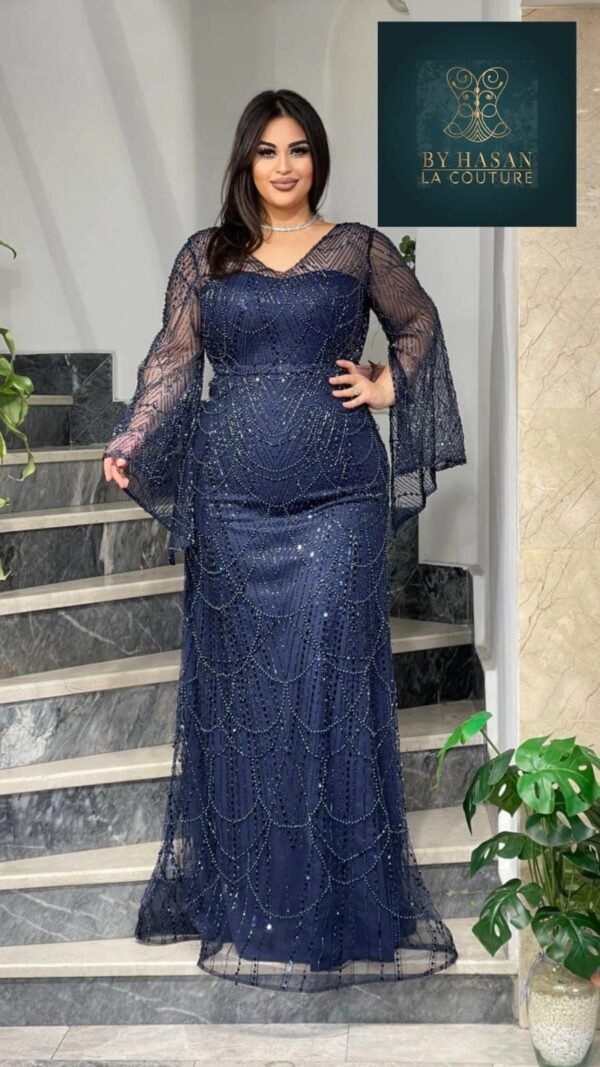 Rochie de Seară cu Mâneci Clopot și Paiete bleumarin
