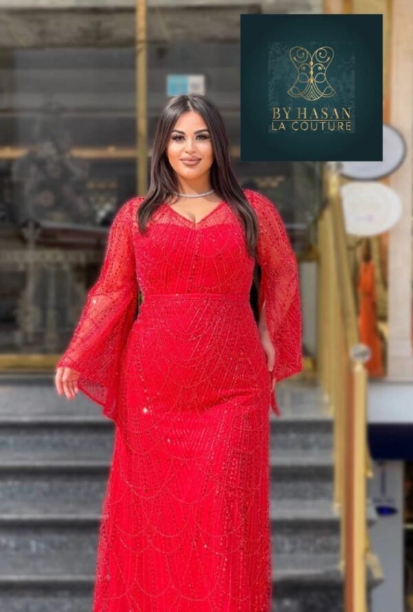 Rochie de Seară cu Mâneci Clopot și Paiete rosu