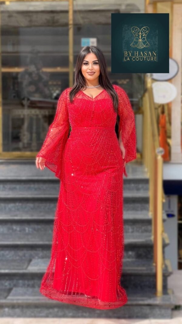 Rochie de Seară cu Mâneci Clopot și Paiete rosu